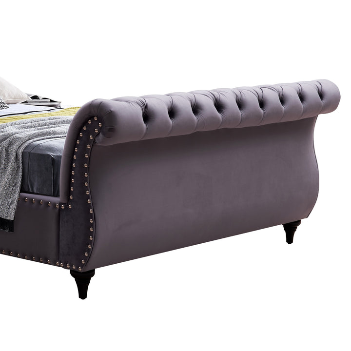 P&F FabSeries King Size Sleigh Bedframe Velvet Upholstery Grey Colour Tufted Headboard And Footboard Deep Quilting