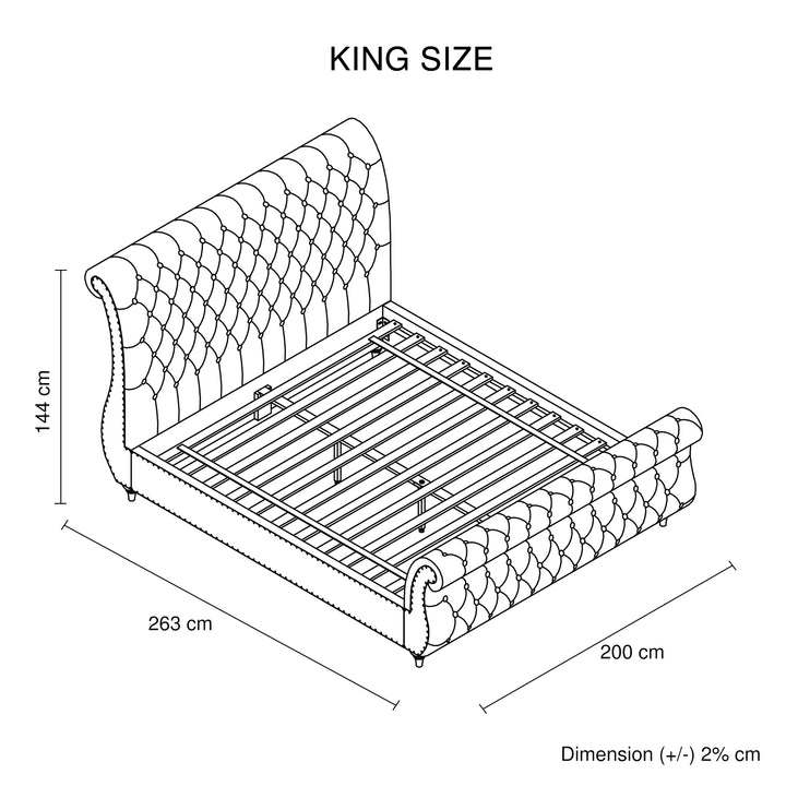 P&F FabSeries King Size Sleigh Bedframe Velvet Upholstery Grey Colour Tufted Headboard And Footboard Deep Quilting