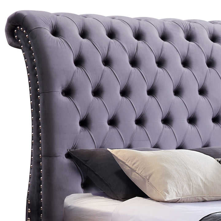 P&F FabSeries Queen Size Sleigh Bedframe Velvet Upholstery Grey Colour Tufted Headboard And Footboard Deep Quilting