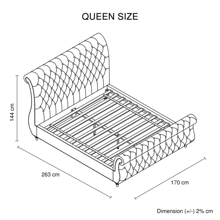 P&F FabSeries Queen Size Sleigh Bedframe Velvet Upholstery Grey Colour Tufted Headboard And Footboard Deep Quilting