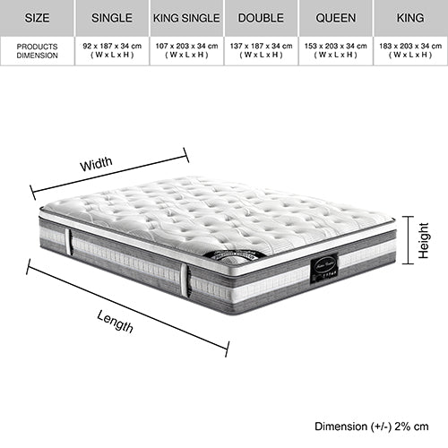 P&F Mattress Euro Top Queen Size Pocket Spring Coil with Knitted Fabric Medium Firm 34cm Thick