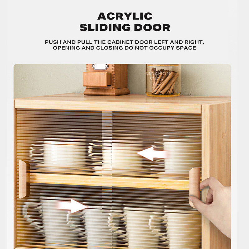P&F Bamboo Dustproof Cup Storage Cabinet with Sliding Acrylic Door