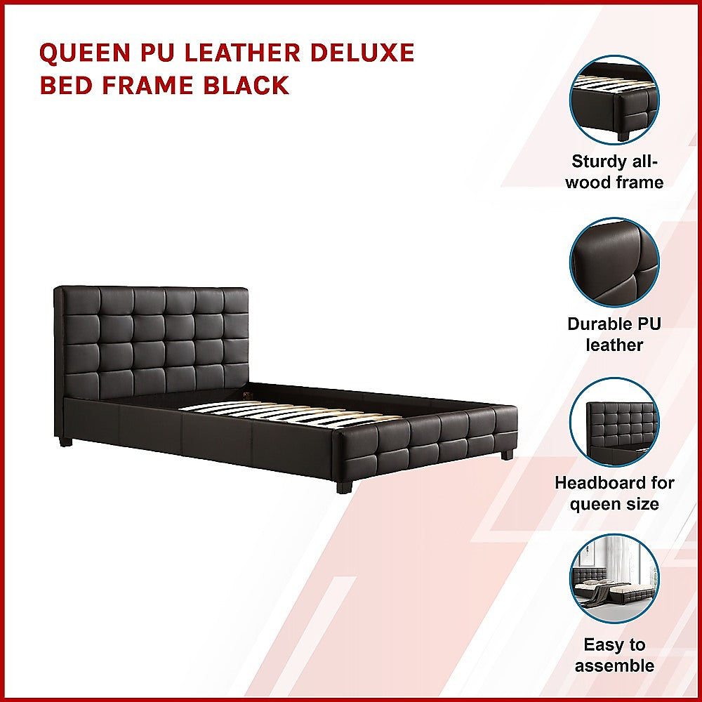 P&F Queen PU Leather Deluxe Bed Frame Black