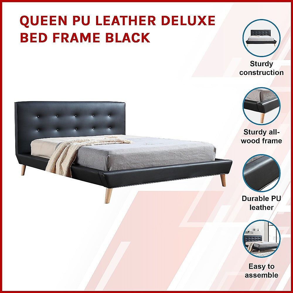 P&F Queen PU Leather Deluxe Bed Frame Black