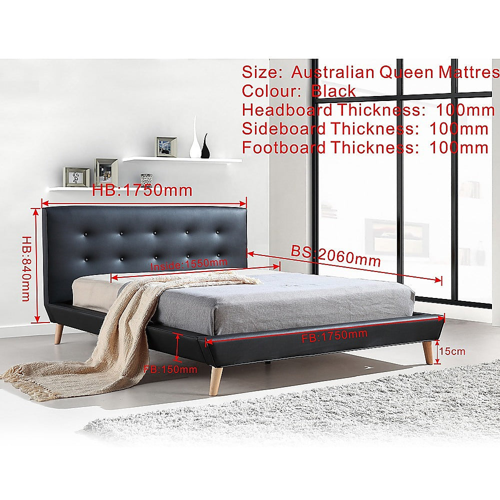 P&F Queen PU Leather Deluxe Bed Frame Black