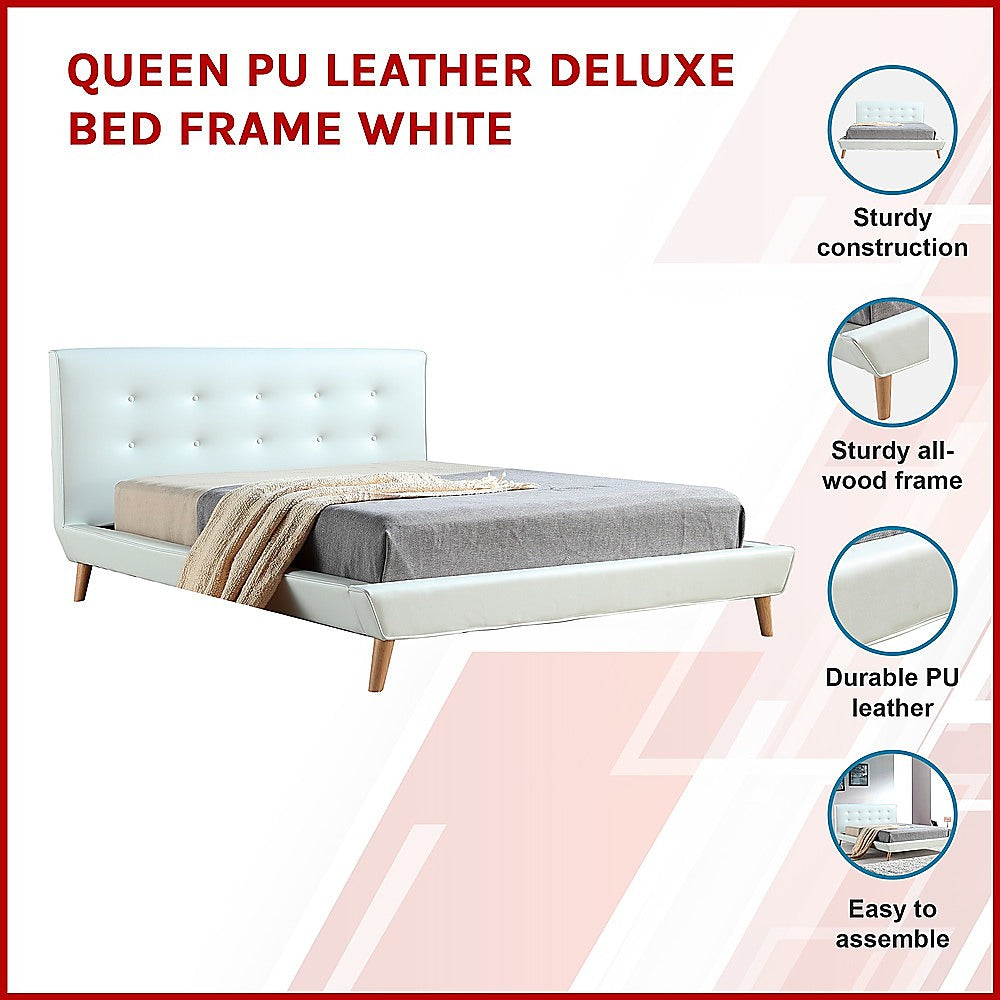 P&F BohoNest Queen PU Leather Deluxe Bed Frame White