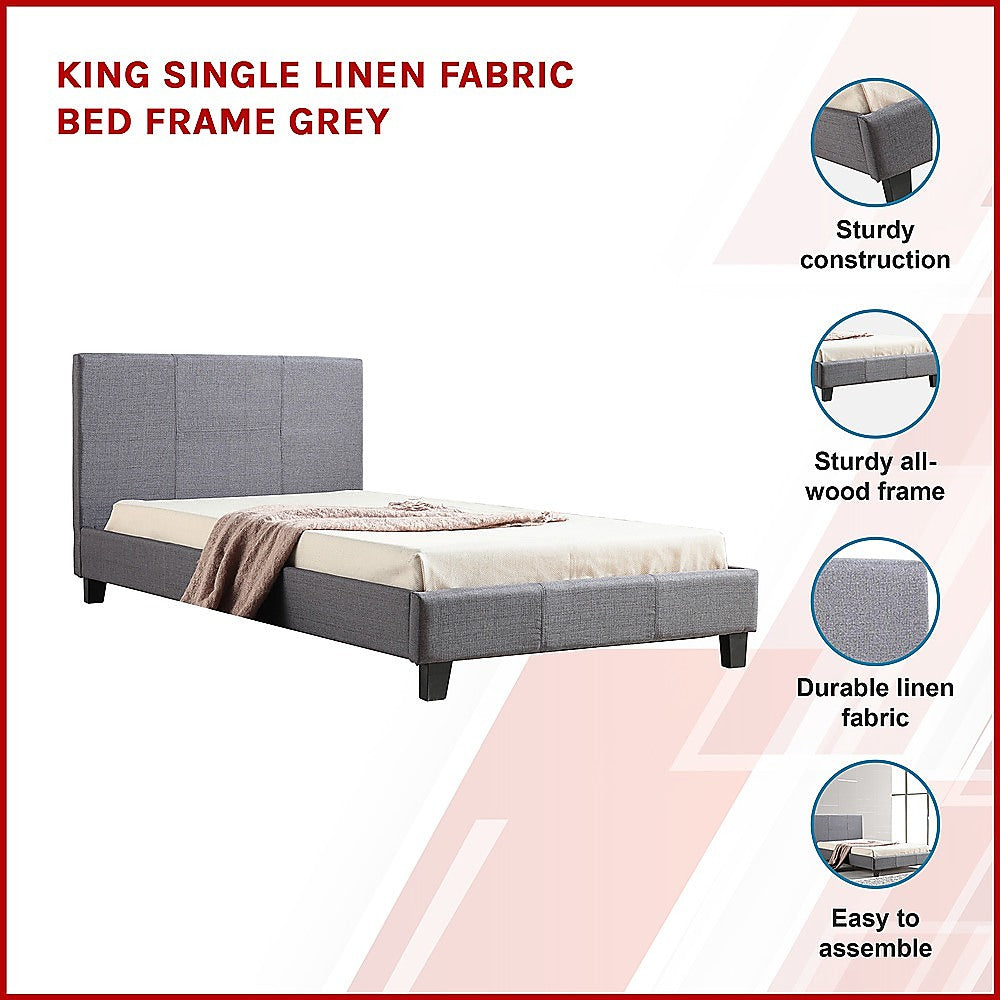 P&F King-Single Linen Fabric Bed Frame Grey