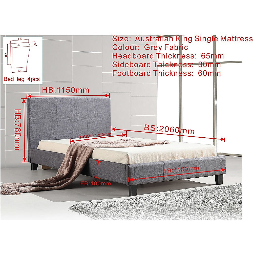 P&F King-Single Linen Fabric Bed Frame Grey