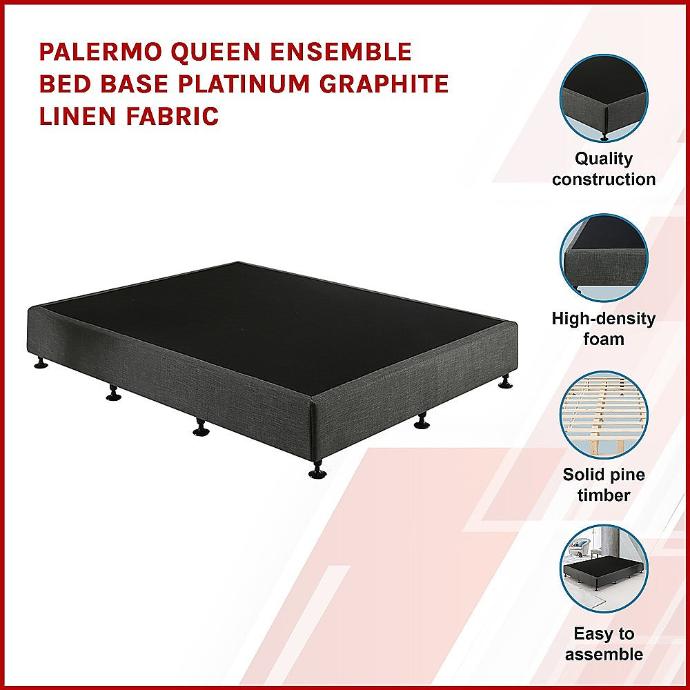 P&F BohoNest Palermo Queen Ensemble Bed Base Platinum Graphite Linen Fabric