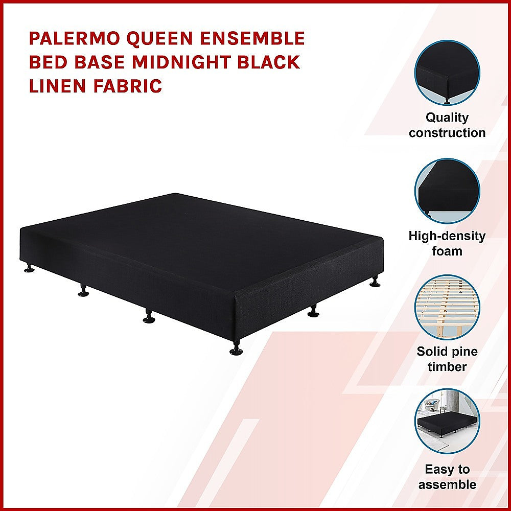 P&F Palermo Queen Ensemble Bed Base Midnight Black Linen Fabric