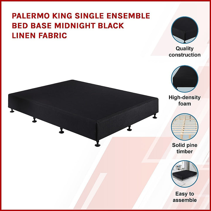 P&F Palermo King Single Ensemble Bed Base Midnight Black Linen Fabric