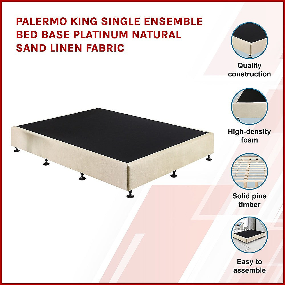 P&F Palermo King Single Ensemble Bed Base Platinum Natural Sand Linen Fabric