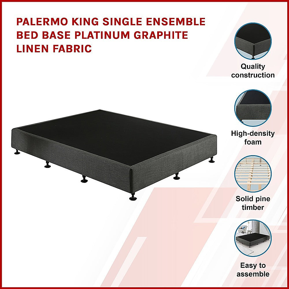 P&F Palermo King Single Ensemble Bed Base Platinum Graphite Linen Fabric