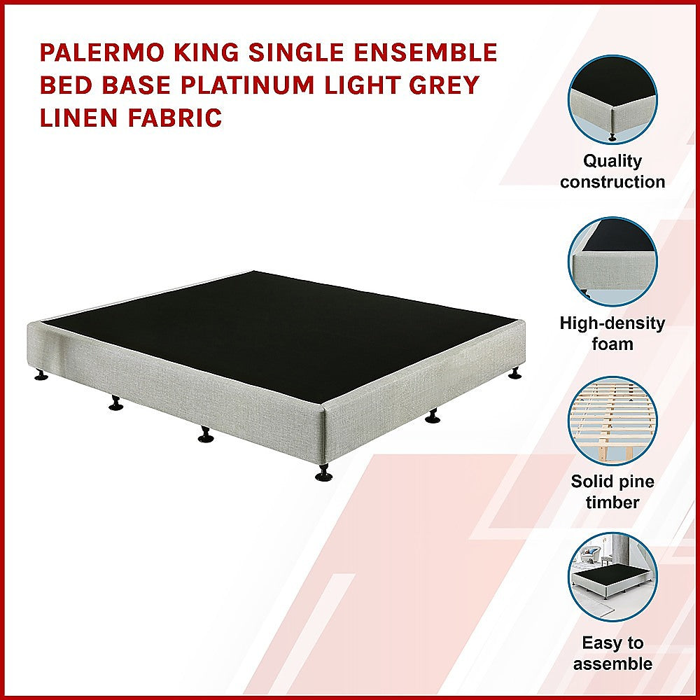 P&F Palermo King Single Ensemble Bed Base Platinum Light Grey Linen Fabric