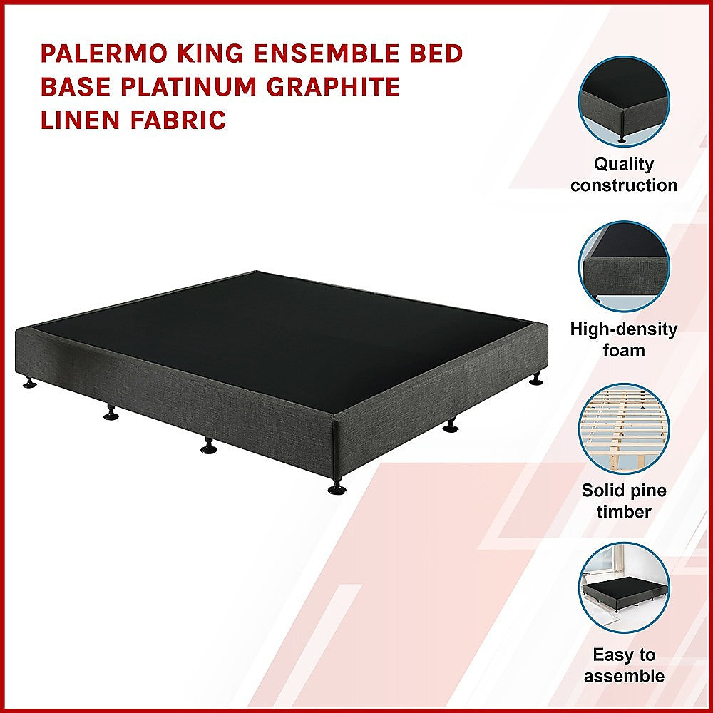 P&F Palermo King Ensemble Bed Base Platinum Graphite Linen Fabric