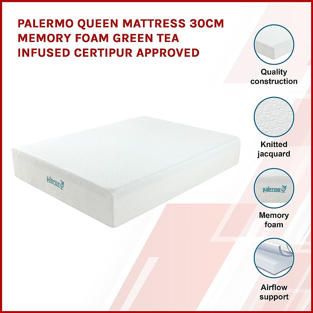 P&F Palermo Queen Mattress 30cm Memory Foam Green Tea Infused CertiPUR Approved