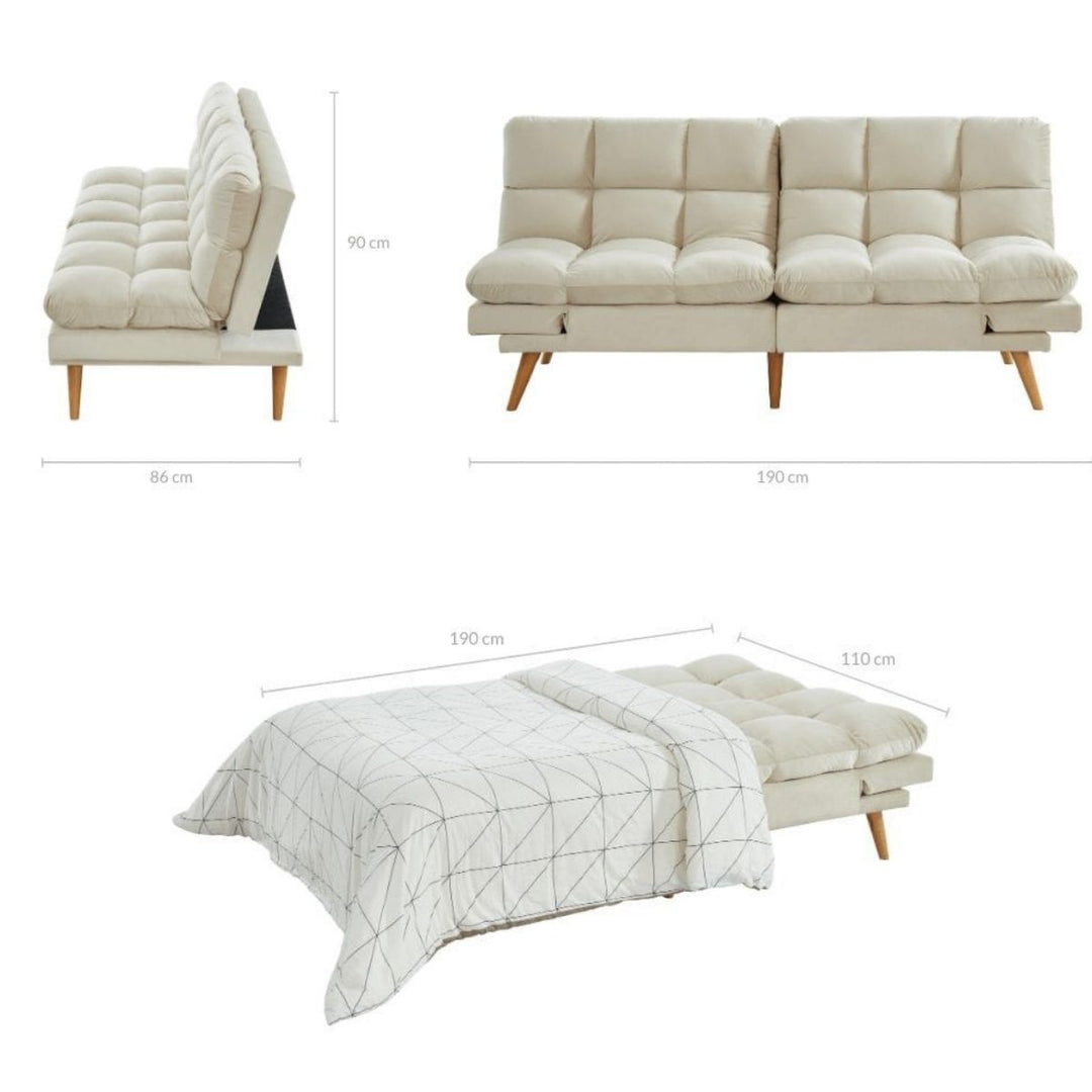 P&F ZennHome 3 Seater Velvet Sofa Bed Futon Cream