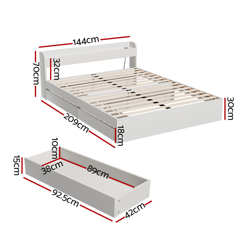 SkyWay Bed Frame Double Size Mattress Base wtih Charging Ports 2 Storage Drawers