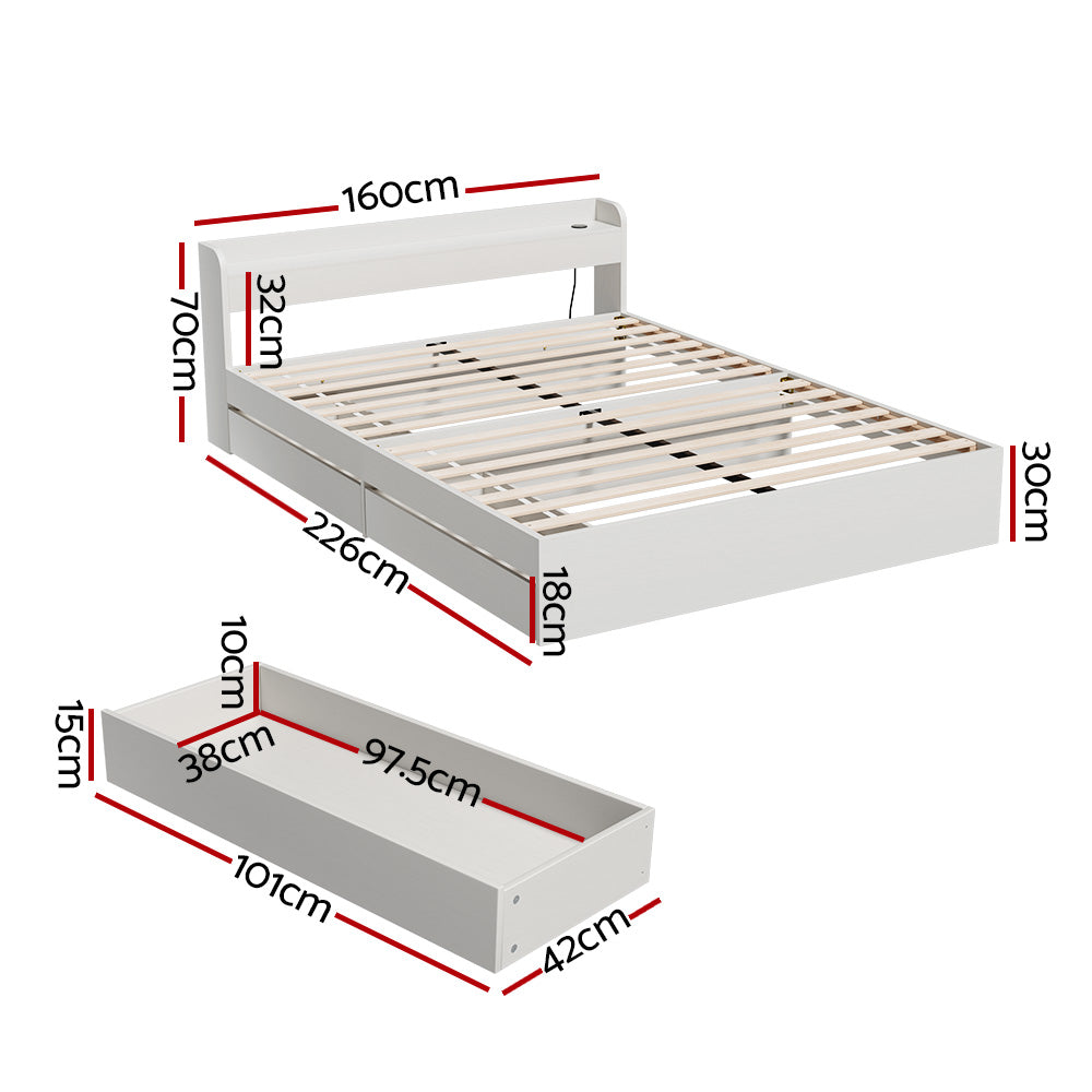 P&F BohoNest Frame Queen Size Mattress Base w/ Charging Ports 2 Storage Drawers