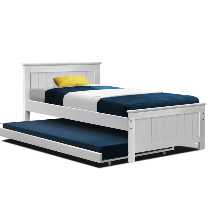 P&F SkyWay Wooden Trundle Bed Frame Timber Slat King Single Size White