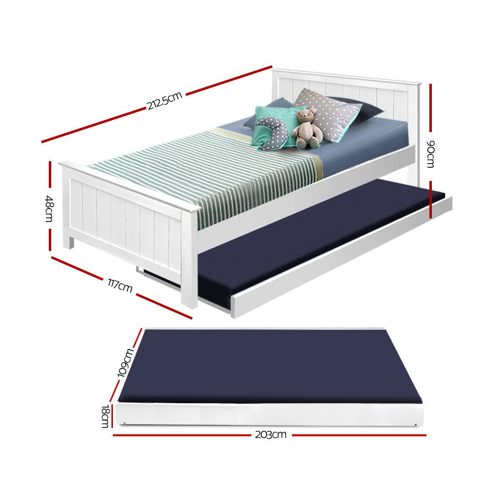 P&F SkyWay Wooden Trundle Bed Frame Timber Slat King Single Size White