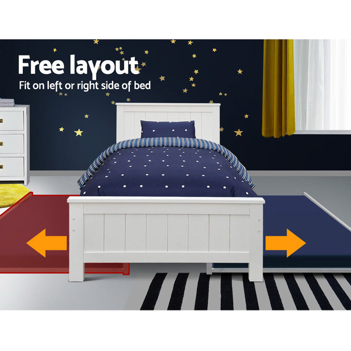 P&F SkyWay Wooden Trundle Bed Frame Timber Slat King Single Size White