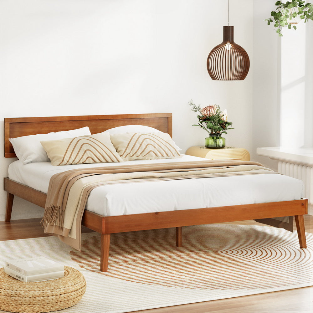 P&F BohoNest Bed Frame Queen Size Wooden Bed Base Walnut Spyro
