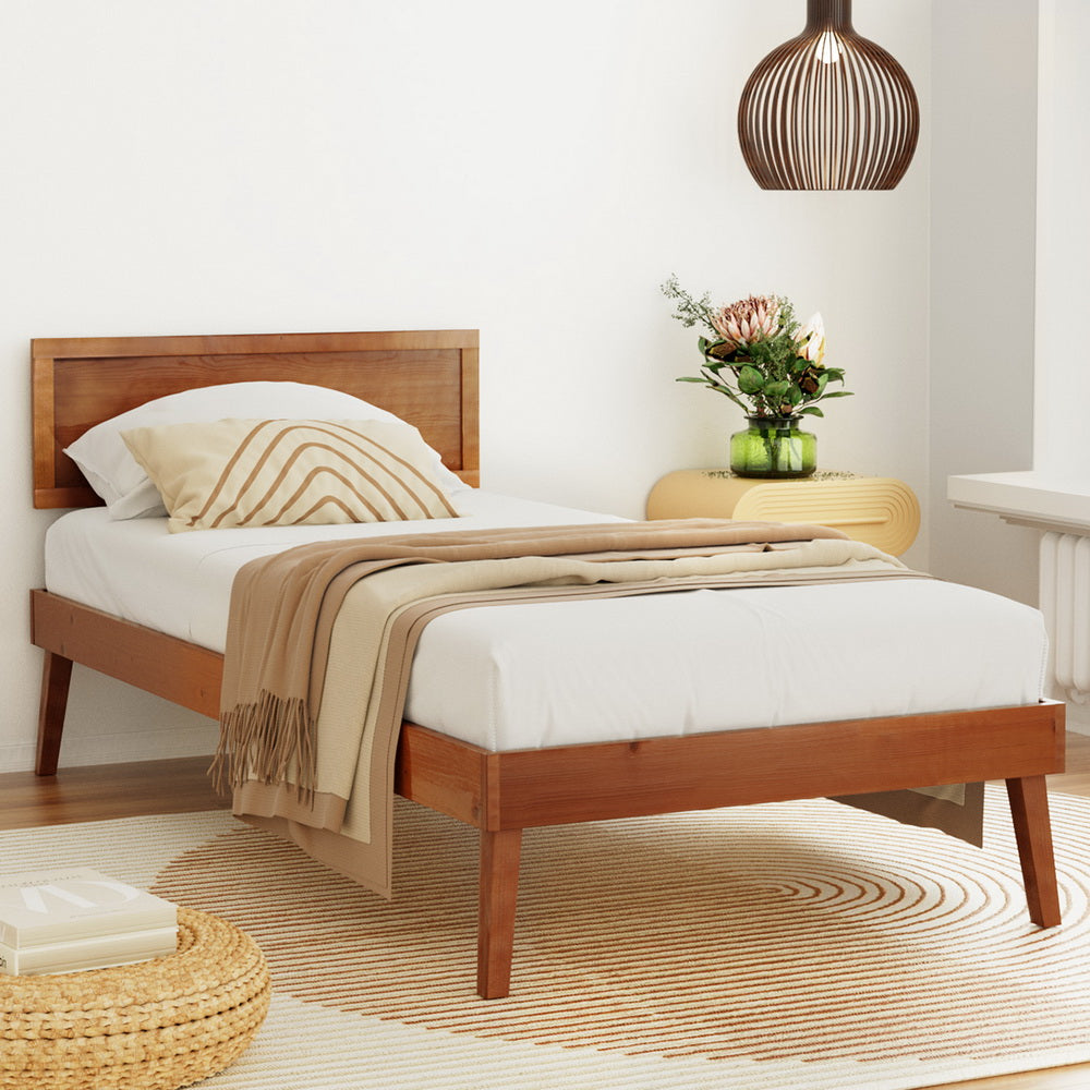 P&F SkyWay Bed Frame Single Size Wooden Bed Base Walnut SPLAY