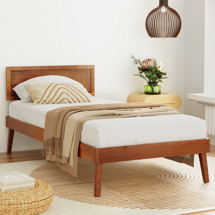 P&F SkyWay Bed Frame Single Size Wooden Bed Base Walnut SPLAY